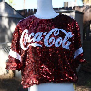 Coca-Cola Red White Sequin 3/4" Sleeve Shirt